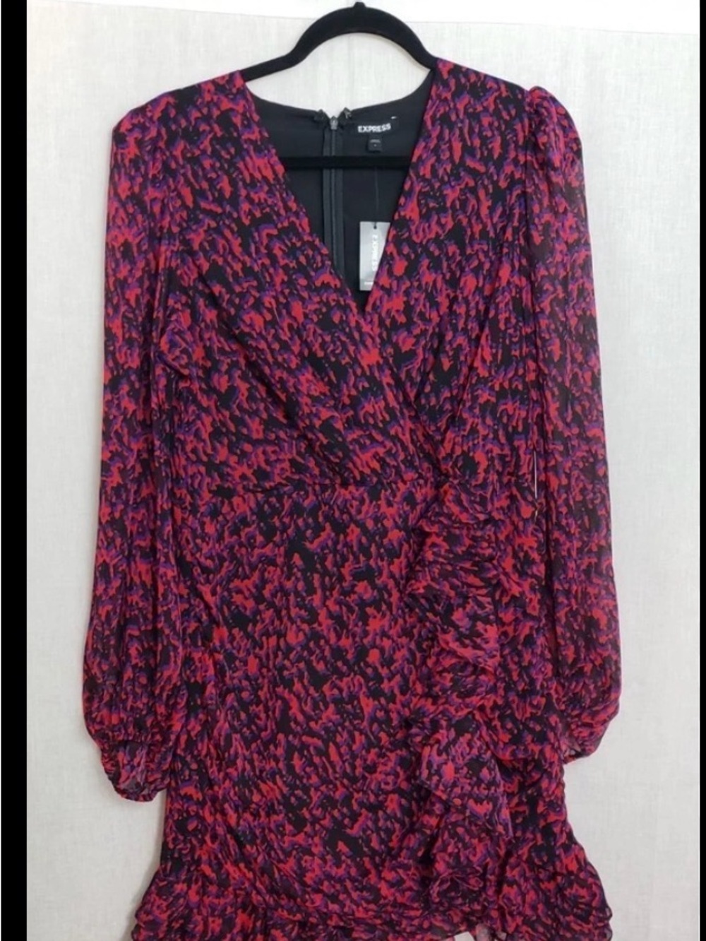 Express Red and Purple Patterned Long Sleeve Wrap Dress